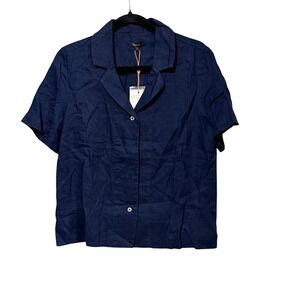 Quince Womens Navy Blue 100% European Linen Notch Lapel Short Sleeve Shirt S NEW